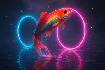 Vibrant Orange Fish Leaping Through Luminous Neon Rings Above Water
