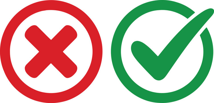 green check mark and red cross symbols inside circular outlines representing correct and incorrect choices, approval and rejection signs, confirmation and error concept illustration