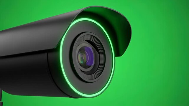 A security camera with glowing green light on a chroma key background. Surveillance system for smart home or public safety footage.