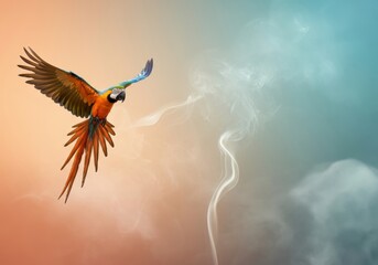 A multicolored parrot in mid-flight, its plumage showcasing vibrant orange, blue, and yellow against an artistic pastel sky. The scene evokes a sense of freedom and tropical beauty.