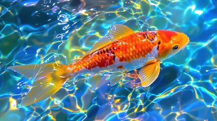 Vibrant Koi Fish Swimming in Shimmering Blue Water with Sunlight
