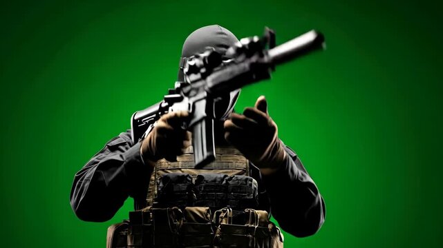 Man in special forces uniform with tactical mask and assault rifle on green screen chroma key background footage.