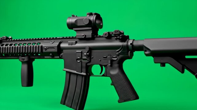 Close up of a combat assault rifle gun on a green screen. Military weapon for war and security. Studio shot footage.