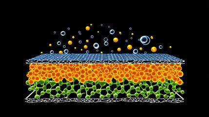 Carbon filter cross section showing porous layered structure with gas and liquid molecules above emitting dynamic energy