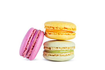 Colorful French macarons isolated on a white background.