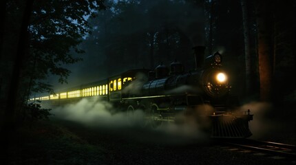 A vintage steam train is illuminated in a dark forest with a heavy mist. The scene creates a moody, atmospheric feel, with the train's lights cutting through the fog.