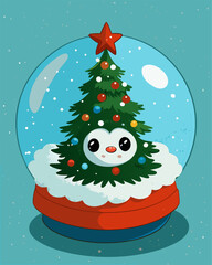 Cute Penguin Christmas Tree Snow Globe Illustration for Winter Holiday Design