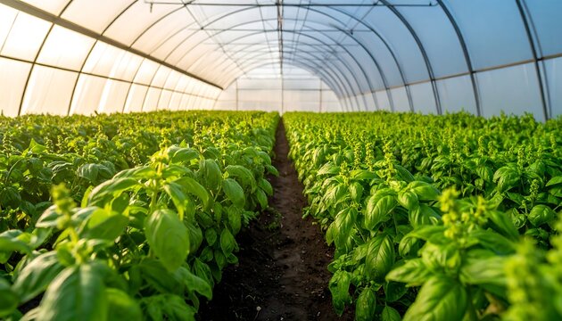 Lush Basil Greenhouse - Aromatic Herbs Growing in Controlled Environment. - Powered by Adobe