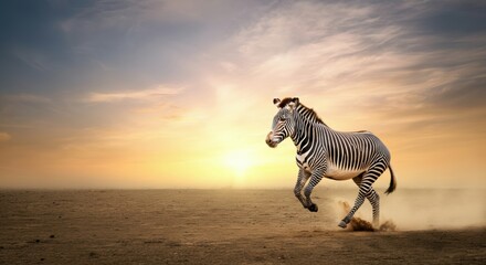 A zebra gallops across the African savanna during a warm sunset, kicking up dust as it runs. The landscape is bathed in warm light, highlighting its stripes against the open plains.