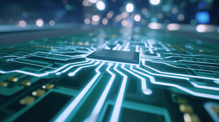 Glowing circuit board microchip with illuminated traces and bokeh lighting, futuristic electronic technology closeup displaying intricate wiring