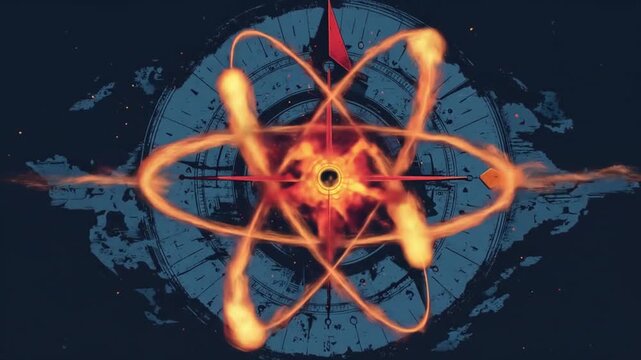 Animated illustration of a fiery atom surrounded by a compass