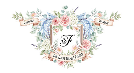 Elegant Floral Crest with Pink Roses and Lavender - Vintage Heraldry Shield for Wedding Monogram and Family Logo