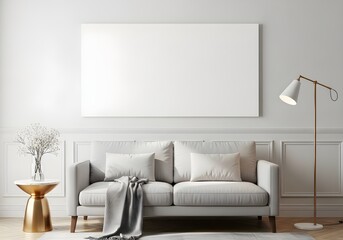 Modern living room with a blank canvas on the wall above a sofa, a side table, and a floor lamp