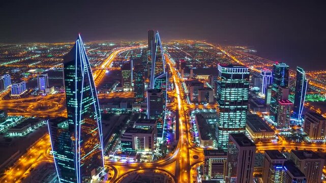 Drone hyperlapse aerial view of King Abdullah Financial District (KAFD) at night, Riyadh, Saudi Arabia, showcasing city lights and modern architecture