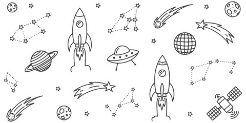 Space star vector kid universe background. Hand drawn doodle sketch style space cute galaxy background. Hand drawn kid galaxy universe pattern. Planet, rocket, star element. Vector illustration © MkJutt