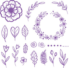 Hand-drawn Floral Vector Set featuring a large flower, decorative leaves, vines, and a circular wreath. The purple sketch style is ideal for wedding invitations, greeting cards, sublimation prints, lo