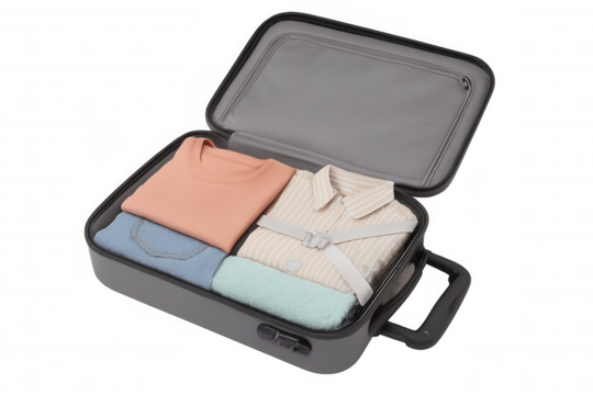 Open travel suitcase with packed clothes, ready for summer vacation or holiday trip, transparent background
