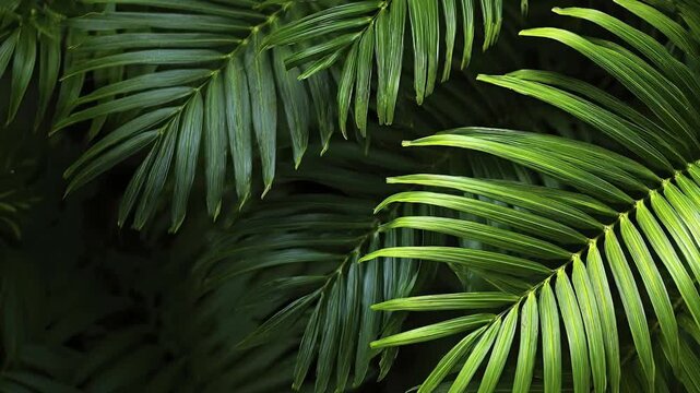 A serene close-up shot captures the lush, vibrant green fronds of tropical palm leaves gently swaying. The intricate patterns and rich texture of the foliage are highlighted by soft, dappled light, cr
