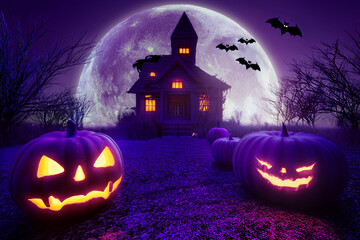 Halloween background, moon castle with  with pumpkin 