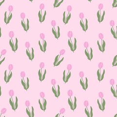 Obraz premium Pink tulip seamless pattern on pale pink background. Lovely floral design perfect for Women’s Day, Mother’s Day, spring decor, gift wrapping, and elegant greeting cards.
