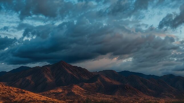 Dramatic mountain range under a vast, stormy sky at dusk, with rugged peaks glowing in the fading light, capturing nature's powerful and atmospheric beauty