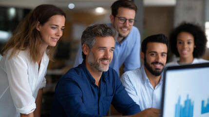 Fototapeta premium A multicultural team of six professionals collaborates around standing desk in open office pointing at large monitor displaying data analytics while brainstorming solutions