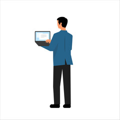 Professional businessman standing and using a laptop, demonstrating digital product or software interface, back view with screen visible, business and technology concept illustration