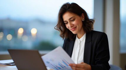 A professional businesswoman reviews financial reports at modern desk in corner office wearing business suit while analyzing charts on laptop with city view behind business