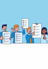 Cartoon characters checklist with positive gestures in an illustration showcase positive emotions, a fun group of diverse people holding completed checklists.
