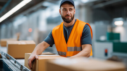 A warehouse associate loads boxes onto conveyor belt in fulfillment center wearing comfortable work clothes and safety shoes while meeting productivity targets warehouse labor