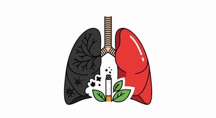 Comparing damaged lungs with cigarette and healthy lungs illustrated for educational awareness. Damaged lungs on left are black, contrasting sharply with healthy lungs shown in red