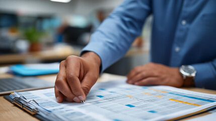 An event planner arranges seating chart for corporate conference working with floor plan and attendee list at desk covered with planning materials event planning conference