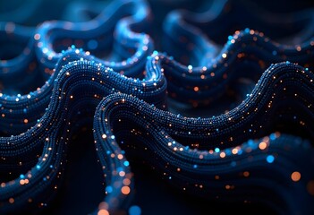 Abstract blue lines with blue dots flowing in a swirling pattern, creating a sense of movement and depth, on a blue background