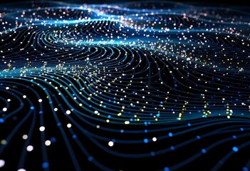Abstract blue lines with blue dots flowing in a swirling pattern, creating a sense of movement and depth, on a blue background