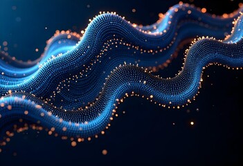 Abstract blue lines with blue dots flowing in a swirling pattern, creating a sense of movement and depth, on a blue background