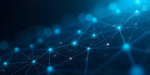 Abstract network of interconnected blue dots and lines forming a grid-like structure, dark blue background, creating a sense of depth and connectivity