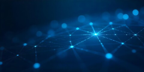 Abstract network of interconnected blue dots and lines forming a grid-like structure, dark blue background, creating a sense of depth and connectivity