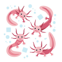 Fototapeta premium Delightful Cartoon Axolotls Swimming Happily in a Playful Composition