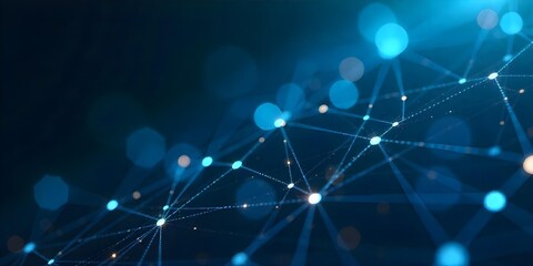 Abstract network of interconnected blue dots and lines forming a grid-like structure, dark blue background, creating a sense of depth and connectivity