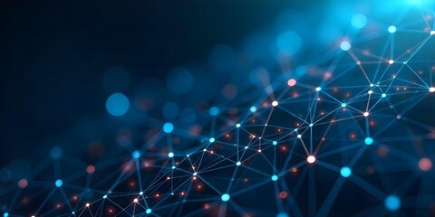 Abstract network of interconnected blue dots and lines forming a grid-like structure, dark blue background, creating a sense of depth and connectivity