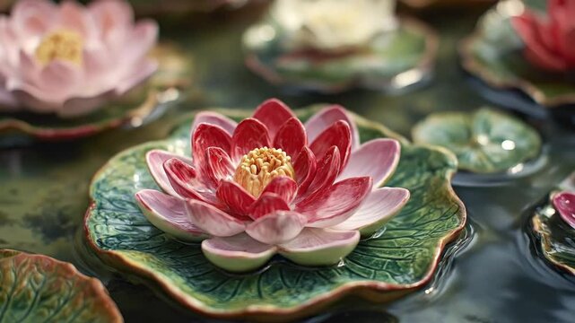 A stunning ceramic lotus flower, featuring rich red and soft pink petals, gracefully floats on a serene water surface, resting on an intricately textured green leaf-shaped base. In the background, oth