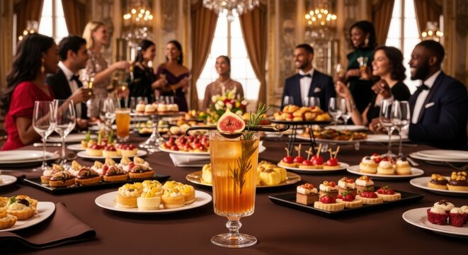 An elegant formal dinner party with diverse guests enjoying a lavish spread of appetizers and cocktails, showcasing a sophisticated celebration and fine dining experience