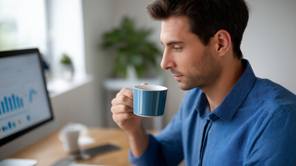 A data analyst examines spreadsheets and creates visualizations on computer coffee cup nearby while working through dataset in quiet office corner data analysis analytical work