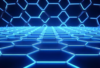 Hexagonal grid with blue neon lights, dark background, futuristic and technological design, abstract pattern,