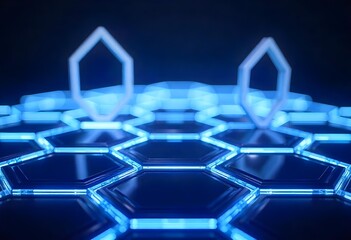 Hexagonal grid with blue neon lights, dark background, futuristic and technological design, abstract pattern,
