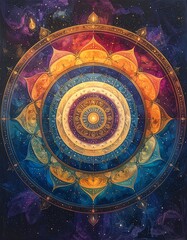 Naklejka premium Intricate circular design with concentric circles and celestial colors