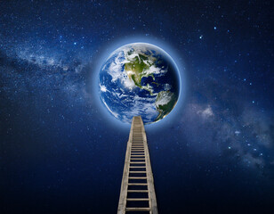 Mystical Ladder Ascending to the Illuminated Moon in a Star-Lit Night Sky