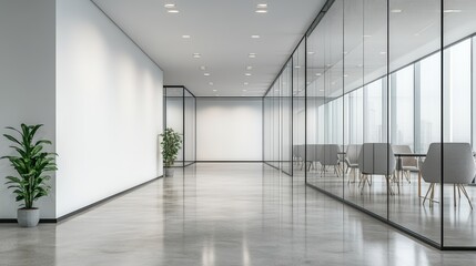 A modern office interior featuring glass walls, minimalist design, and greenery, creating a bright and spacious work environment.