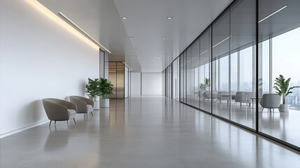 A modern office interior featuring minimalistic design, large windows, and comfortable seating, creating an open and inviting atmosphere.