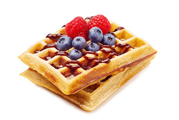 Indulge in these delicious waffles topped with an array of fresh berries and sweet syrup